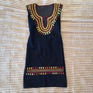 Hand embroidered denim dress with side tie